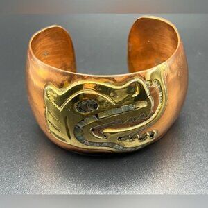 Modernist Copper and Brass Cuff Bracelet with Inlaid Abalone Jaguar/ Panthe Head